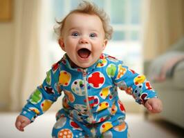 Adorable baby with vibrant clothing in a playful pose AI Generative photo