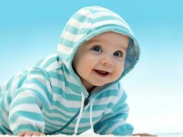 Adorable baby with vibrant clothing in a playful pose AI Generative photo