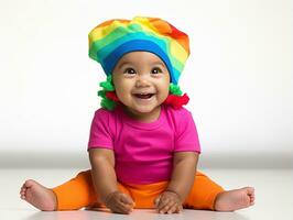 Adorable baby with vibrant clothing in a playful pose AI Generative photo