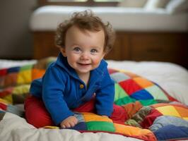 adorable bebé con vibrante ropa en un juguetón actitud ai generativo foto