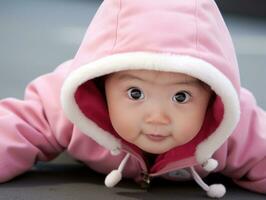 adorable bebé con vibrante ropa en un juguetón actitud ai generativo foto