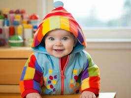 Adorable baby with vibrant clothing in a playful pose AI Generative photo