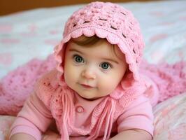 Adorable baby with vibrant clothing in a playful pose AI Generative photo