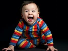 adorable bebé con vibrante ropa en un juguetón actitud ai generativo foto