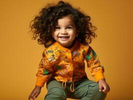 Adorable baby with vibrant clothing in a playful pose AI Generative photo