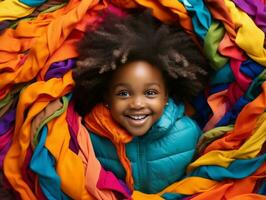 Adorable baby with vibrant clothing in a playful pose AI Generative photo