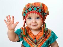 Adorable baby with vibrant clothing in a playful pose AI Generative photo