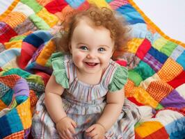 Adorable baby with vibrant clothing in a playful pose AI Generative photo