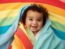 Adorable baby with vibrant clothing in a playful pose AI Generative photo