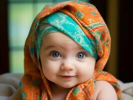 adorable bebé con vibrante ropa en un juguetón actitud ai generativo foto