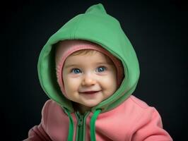 Adorable baby with vibrant clothing in a playful pose AI Generative photo