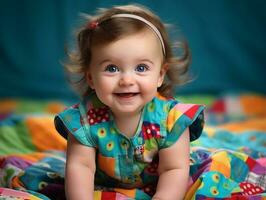 Adorable baby with vibrant clothing in a playful pose AI Generative photo