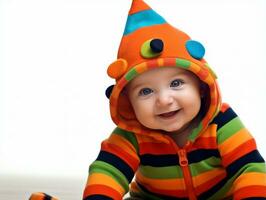 Adorable baby with vibrant clothing in a playful pose AI Generative photo