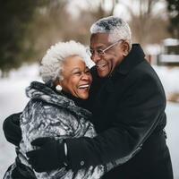 Loving old interracial couple is enjoying a romantic winter day AI Generative photo