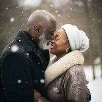 Loving old interracial couple is enjoying a romantic winter day AI Generative photo