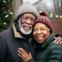 Loving old interracial couple is enjoying a romantic winter day AI Generative photo