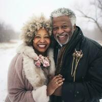 Loving old interracial couple is enjoying a romantic winter day AI Generative photo