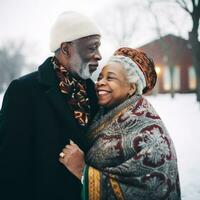 Loving old interracial couple is enjoying a romantic winter day AI Generative photo