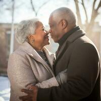 Loving old interracial couple is enjoying a romantic winter day AI Generative photo