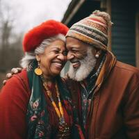 Loving old interracial couple is enjoying a romantic winter day AI Generative photo