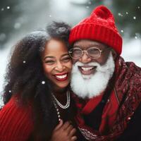 Loving old interracial couple is enjoying a romantic winter day AI Generative photo