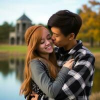 amoroso Adolescente interracial Pareja es disfrutando un romántico otoño día ai generativo foto