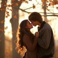 amoroso Adolescente interracial Pareja es disfrutando un romántico otoño día ai generativo foto