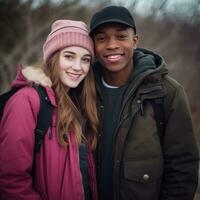 Loving teenage interracial couple is enjoying a romantic autumn day AI Generative photo