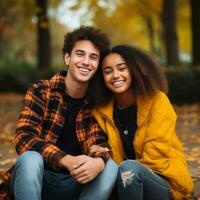 Loving teenage interracial couple is enjoying a romantic autumn day AI Generative photo