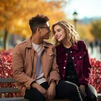 Loving teenage interracial couple is enjoying a romantic autumn day AI Generative photo