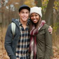 Loving teenage interracial couple is enjoying a romantic autumn day AI Generative photo