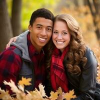 Loving teenage interracial couple is enjoying a romantic autumn day AI Generative photo