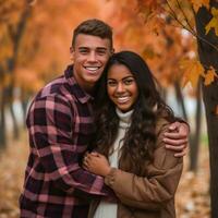 Loving teenage interracial couple is enjoying a romantic autumn day AI Generative photo