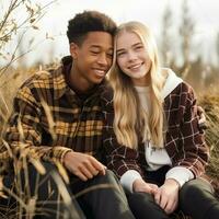 Loving teenage interracial couple is enjoying a romantic autumn day AI Generative photo