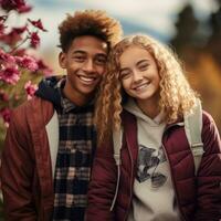 Loving teenage interracial couple is enjoying a romantic autumn day AI Generative photo