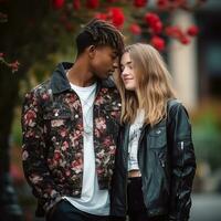 Loving teenage interracial couple is enjoying a romantic autumn day AI Generative photo