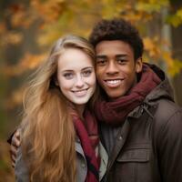 amoroso Adolescente interracial Pareja es disfrutando un romántico otoño día ai generativo foto