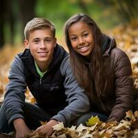 Loving teenage interracial couple is enjoying a romantic autumn day AI Generative photo
