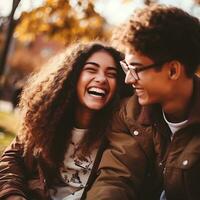 Loving teenage interracial couple is enjoying a romantic autumn day AI Generative photo