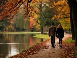 Loving couple is enjoying a romantic autumn day AI Generative photo