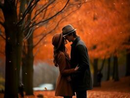 Loving couple is enjoying a romantic autumn day AI Generative photo