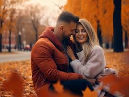 amoroso Pareja es disfrutando un romántico otoño día ai generativo foto