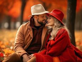 amoroso Pareja es disfrutando un romántico otoño día ai generativo foto