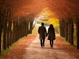 Loving couple is enjoying a romantic autumn day AI Generative photo