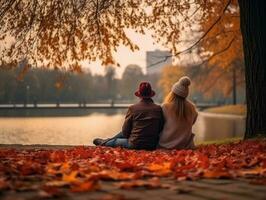 amoroso Pareja es disfrutando un romántico otoño día ai generativo foto