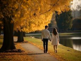 amoroso Pareja es disfrutando un romántico otoño día ai generativo foto