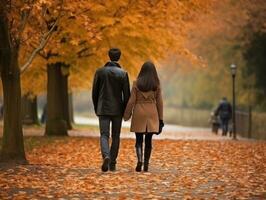 Loving couple is enjoying a romantic autumn day AI Generative photo