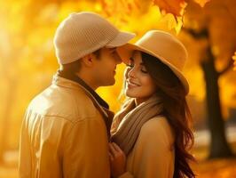 Loving couple is enjoying a romantic autumn day AI Generative photo