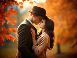 Loving couple is enjoying a romantic autumn day AI Generative photo