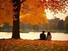 Loving couple is enjoying a romantic autumn day AI Generative photo